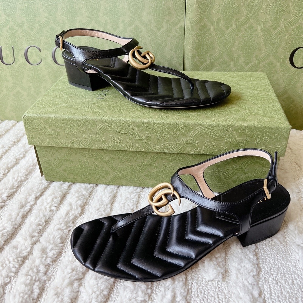 Gucci Marmont Double G Chuck Heel Thong T-Strap Sandal Black Leather EU 35.5